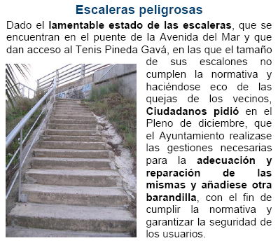 Notícia publicada al butlletí de Gener de 2009 de C's de Gavà sobre els escales perilloses del pont de l'avinguda del mar de Gavà Mar